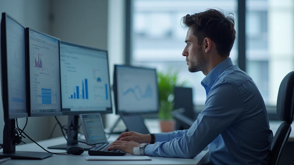 Профессиональное рабочее пространство с анализом данных и графиками на мониторе