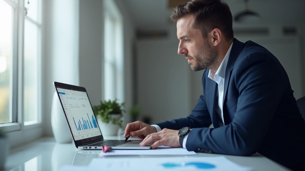 Профессиональный аналитик работает с статистическими данными и графиками на компьютере